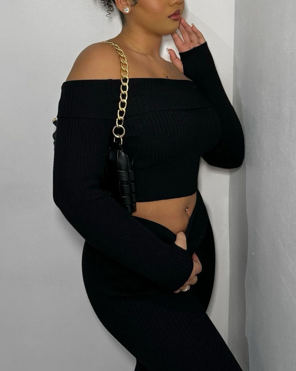 She Wears Glory™ Knitted Long Sleeves Cropped Off Shoulder Top and Trousers Co-ord Set