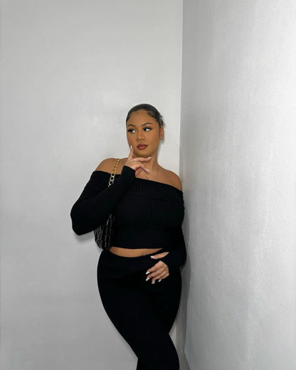 She Wears Glory™ Knitted Long Sleeves Cropped Off Shoulder Top and Trousers Co-ord Set