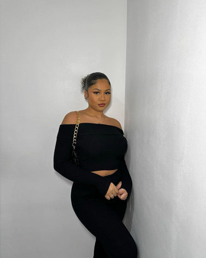 She Wears Glory™ Knitted Long Sleeves Cropped Off Shoulder Top and Trousers Co-ord Set