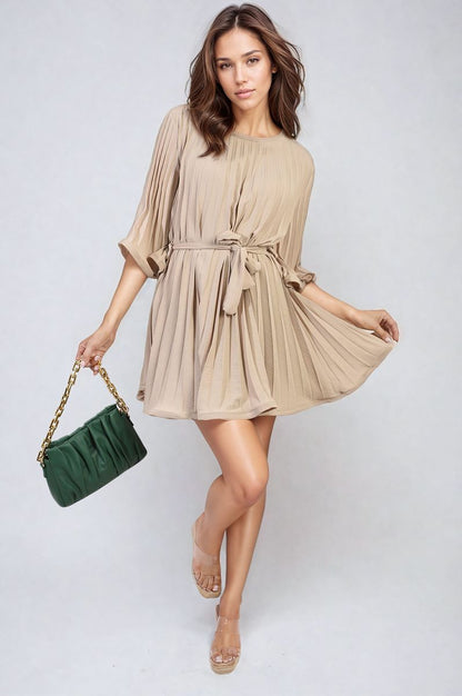 She Wears Glory™ Pleated Tie Waist Mini Dress