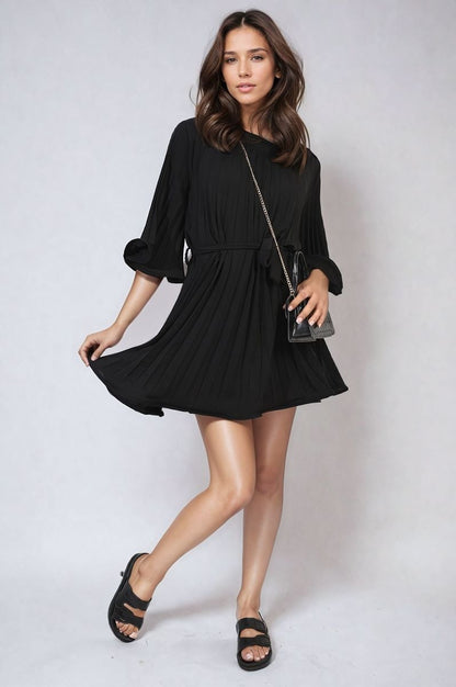 She Wears Glory™ Pleated Tie Waist Mini Dress