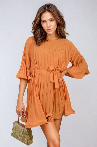 She Wears Glory™ Pleated Tie Waist Mini Dress