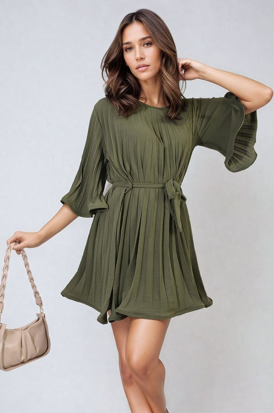 She Wears Glory™ Pleated Tie Waist Mini Dress