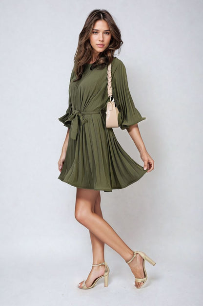 She Wears Glory™ Pleated Tie Waist Mini Dress