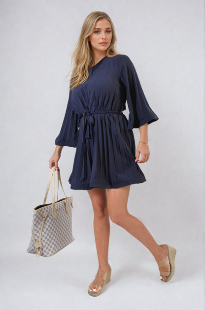 She Wears Glory™ Pleated Tie Waist Mini Dress