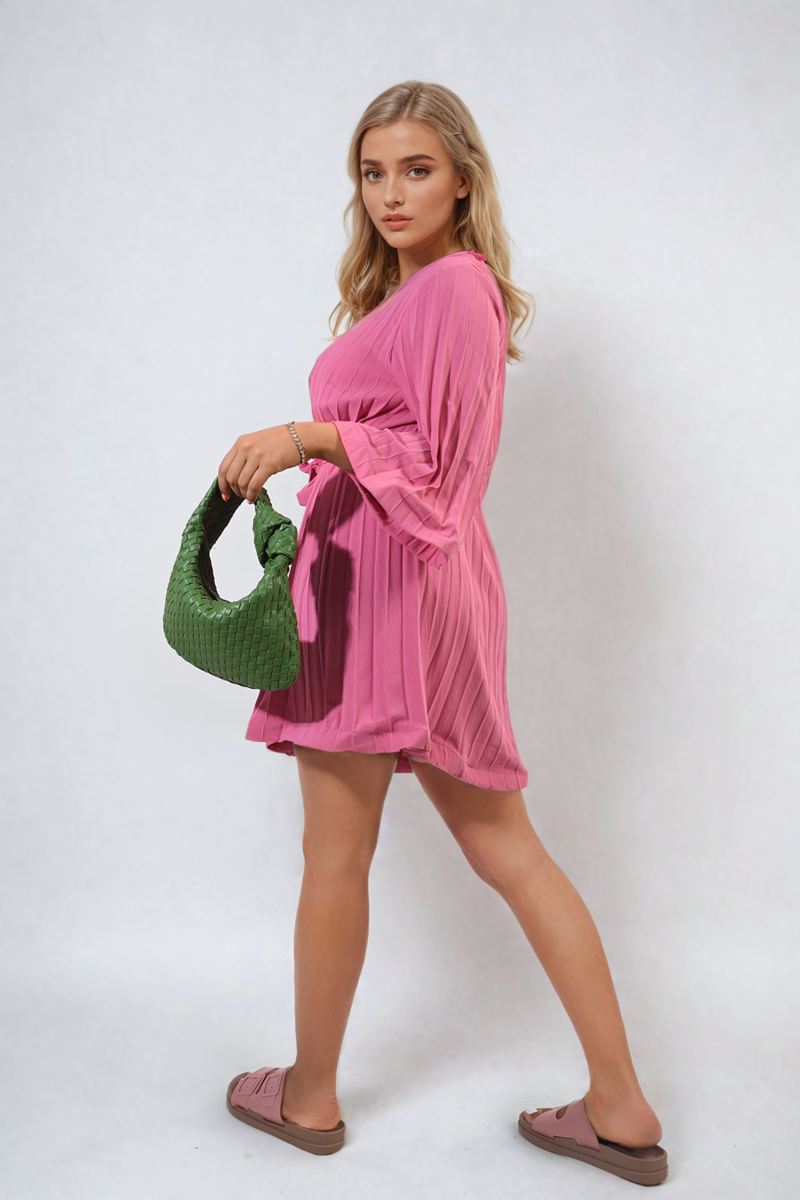 She Wears Glory™ Pleated Tie Waist Mini Dress