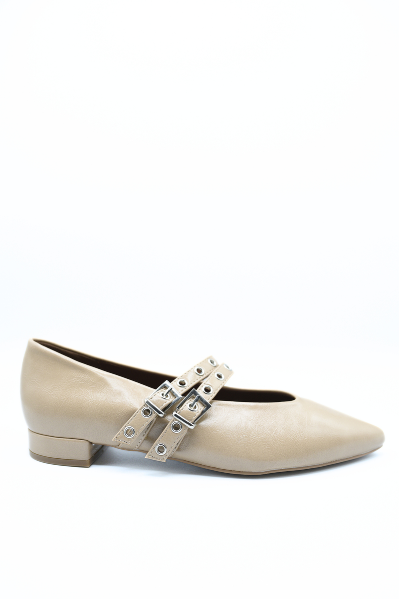 Low Heel Double Buckle Eyelet Strap Pointed Flat Shoes - She Wears Glory Beverly Hills