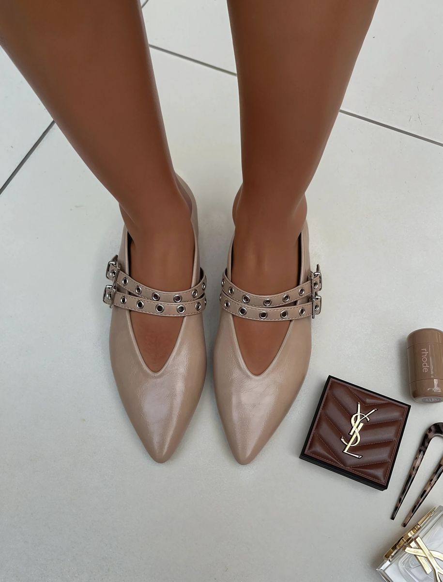 Low Heel Double Buckle Eyelet Strap Pointed Flat Shoes - She Wears Glory Beverly Hills