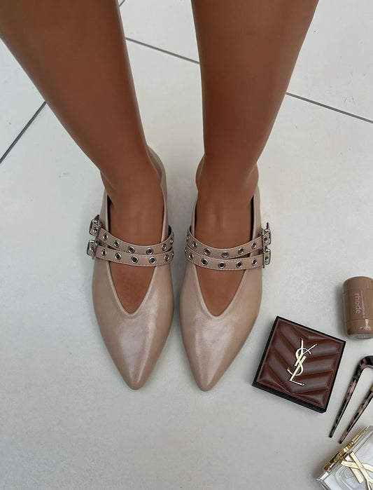 Low Heel Double Buckle Eyelet Strap Pointed Flat Shoes - She Wears Glory Beverly Hills