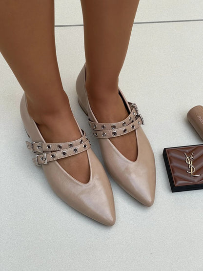 Low Heel Double Buckle Eyelet Strap Pointed Flat Shoes - She Wears Glory Beverly Hills