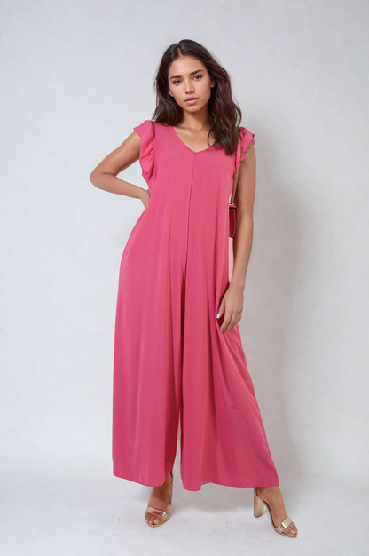 She Wears Glory™ Ruffle Sleeve V-Neck Loose Waist Wide Leg Jumpsuit