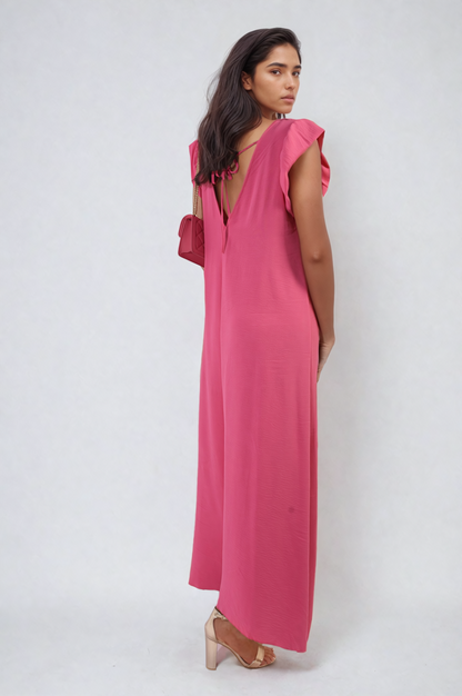 She Wears Glory™ Ruffle Sleeve V-Neck Loose Waist Wide Leg Jumpsuit