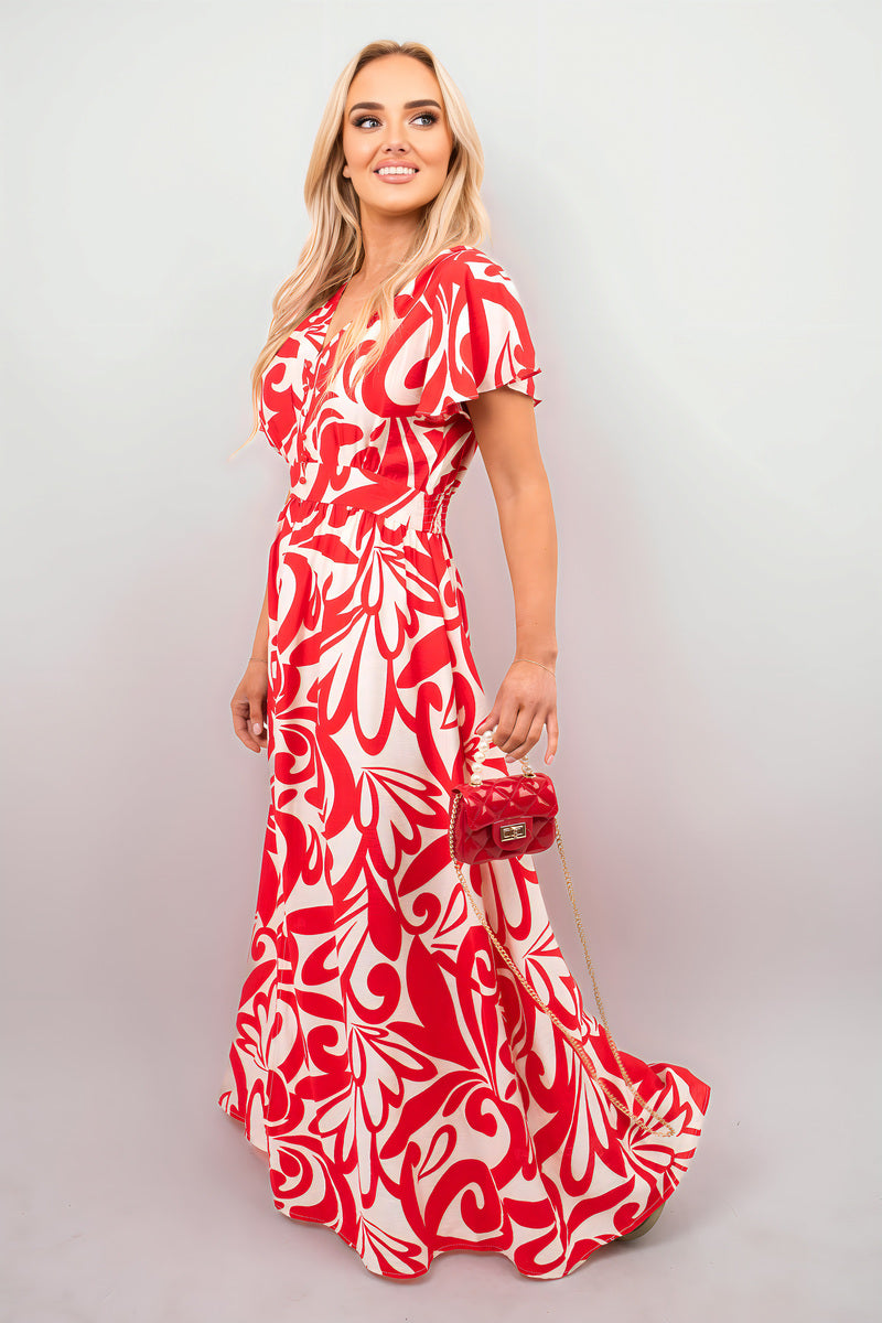 Printed Short Sleeve Button Down V-Neck Maxi Dress - She Wears Glory Beverly Hills