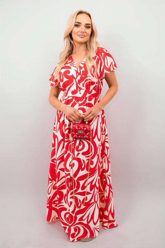 Printed Short Sleeve Button Down V-Neck Maxi Dress - She Wears Glory Beverly Hills