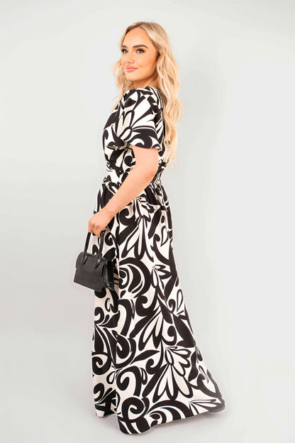 Printed Short Sleeve Button Down V-Neck Maxi Dress - She Wears Glory Beverly Hills
