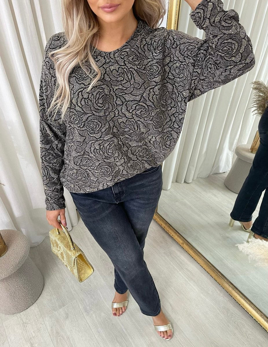Long Sleeve Glitter Floral Pattern Top - She Wears Glory Beverly Hills