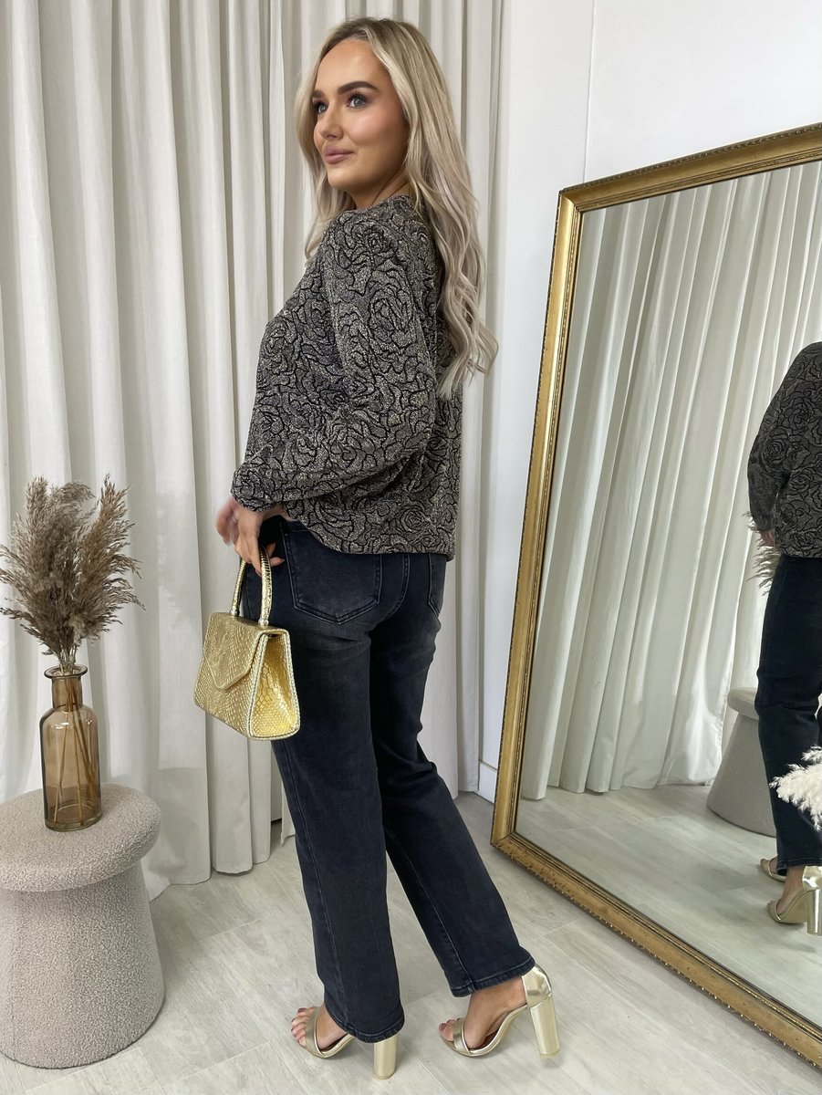 Long Sleeve Glitter Floral Pattern Top - She Wears Glory Beverly Hills