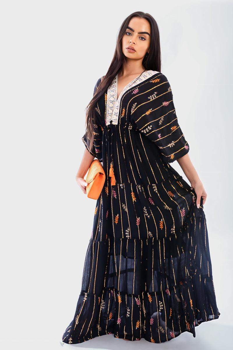 V-Neck Tassel Printed Detail Maxi Dress - She Wears Glory Beverly Hills