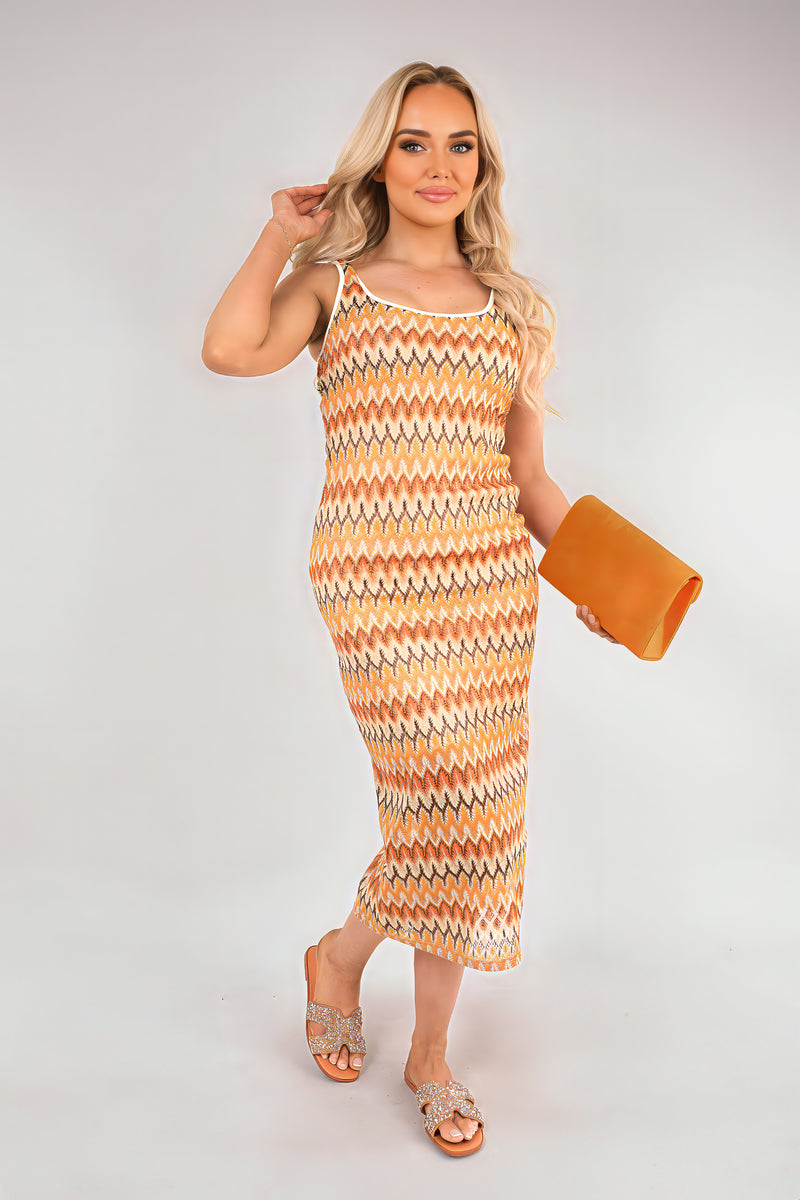 Sleeveless Scoop Neck Bodycon Midi Dress with Zig-Zag Knit Detail - She Wears Glory Beverly Hills