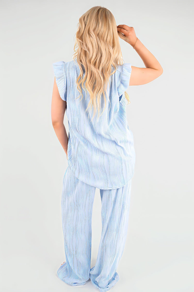 Textured Frill Sleeve Top & Wide Leg Trouser Co-ord Set - She Wears Glory Beverly Hills