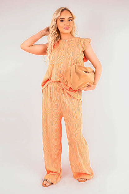 Textured Frill Sleeve Top & Wide Leg Trouser Co-ord Set - She Wears Glory Beverly Hills