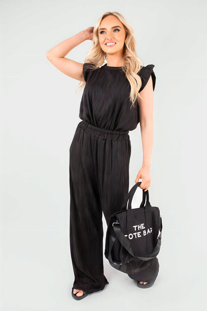 Textured Frill Sleeve Top & Wide Leg Trouser Co-ord Set - She Wears Glory Beverly Hills