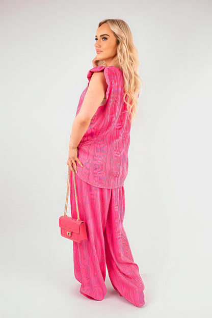 Textured Frill Sleeve Top & Wide Leg Trouser Co-ord Set - She Wears Glory Beverly Hills