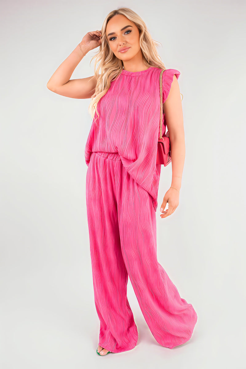 Textured Frill Sleeve Top & Wide Leg Trouser Co-ord Set - She Wears Glory Beverly Hills