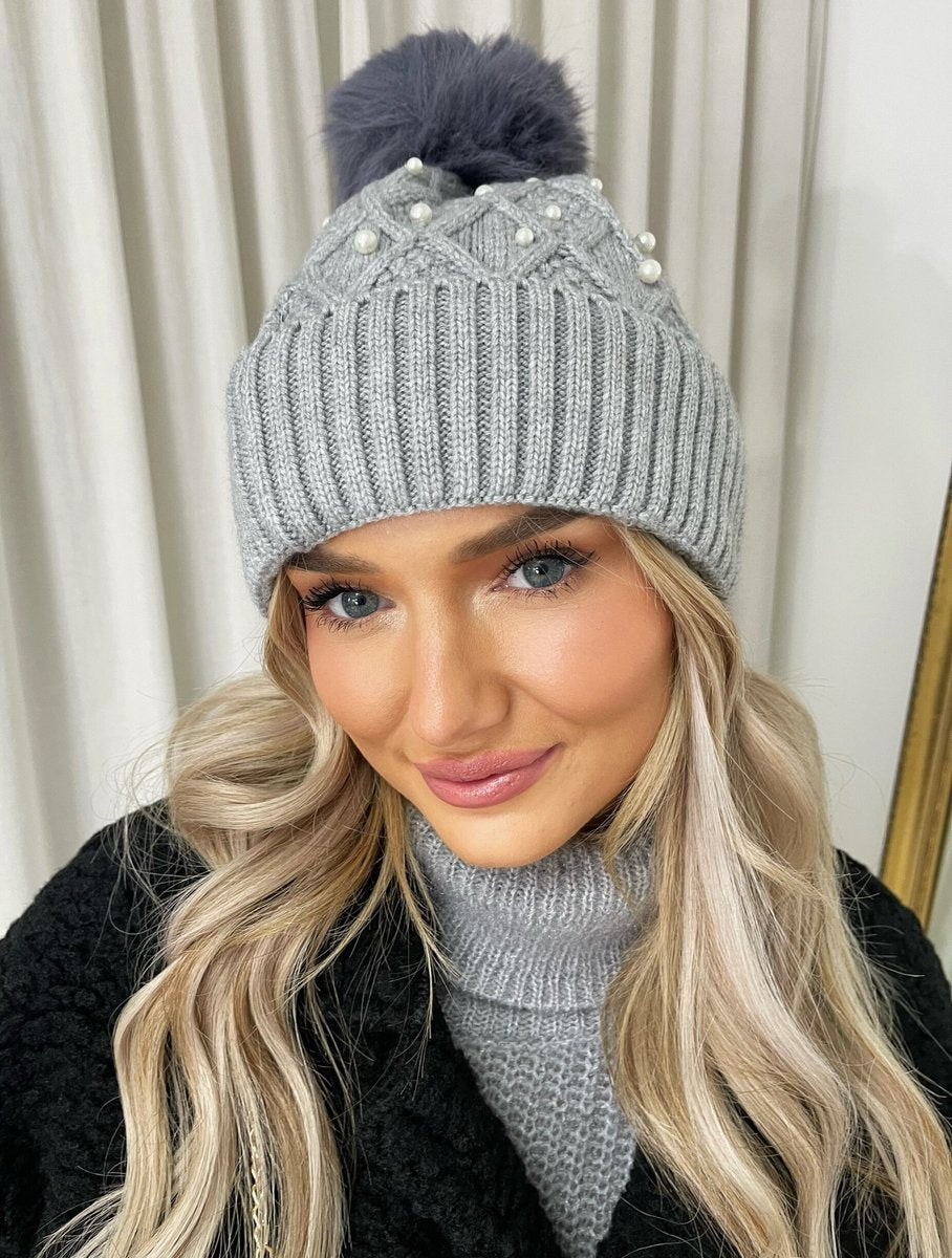 Pom Pom Knitted Winter Hat With Pearl Decor - She Wears Glory Beverly Hills