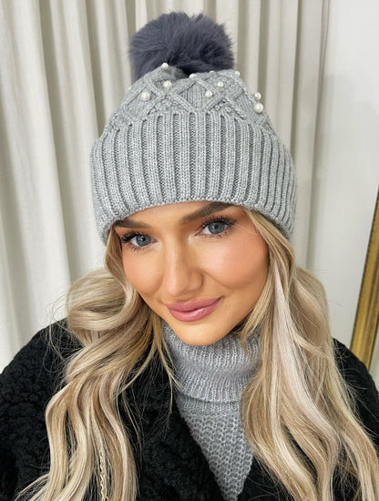 Pom Pom Knitted Winter Hat With Pearl Decor - She Wears Glory Beverly Hills