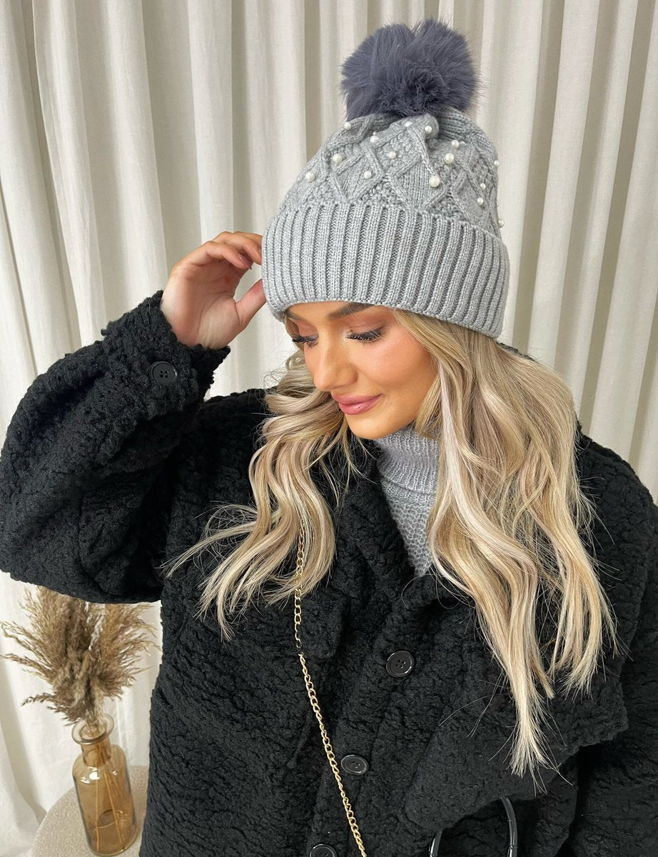 Pom Pom Knitted Winter Hat With Pearl Decor - She Wears Glory Beverly Hills