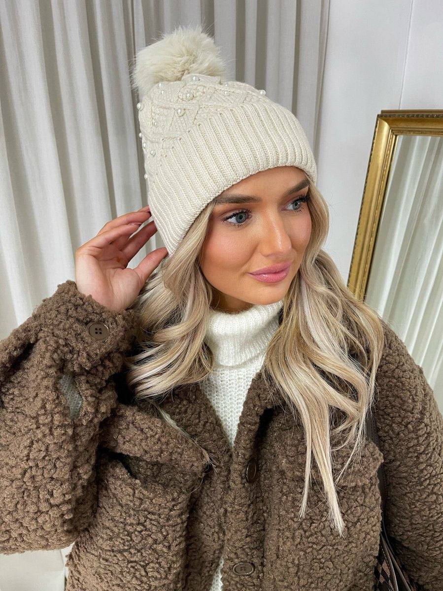 Pom Pom Knitted Winter Hat With Pearl Decor - She Wears Glory Beverly Hills