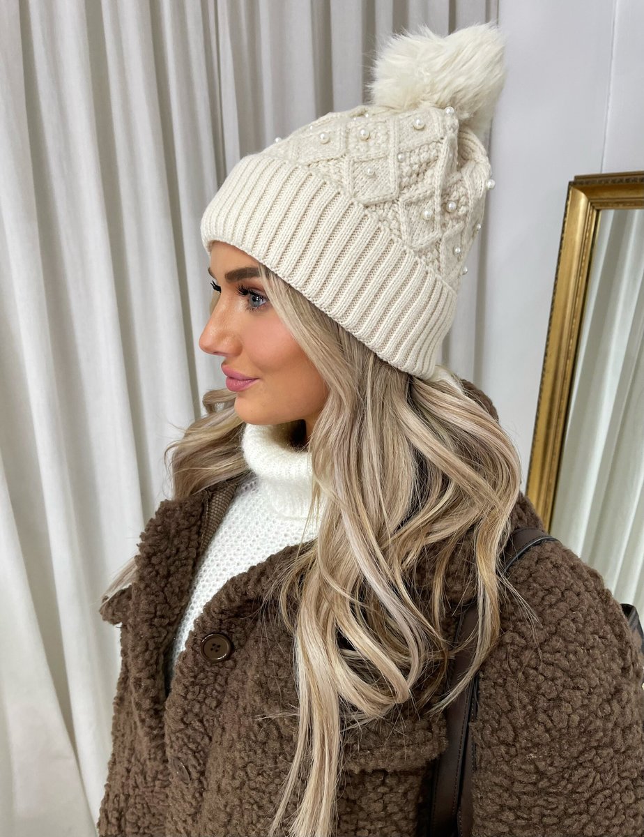 Pom Pom Knitted Winter Hat With Pearl Decor - She Wears Glory Beverly Hills