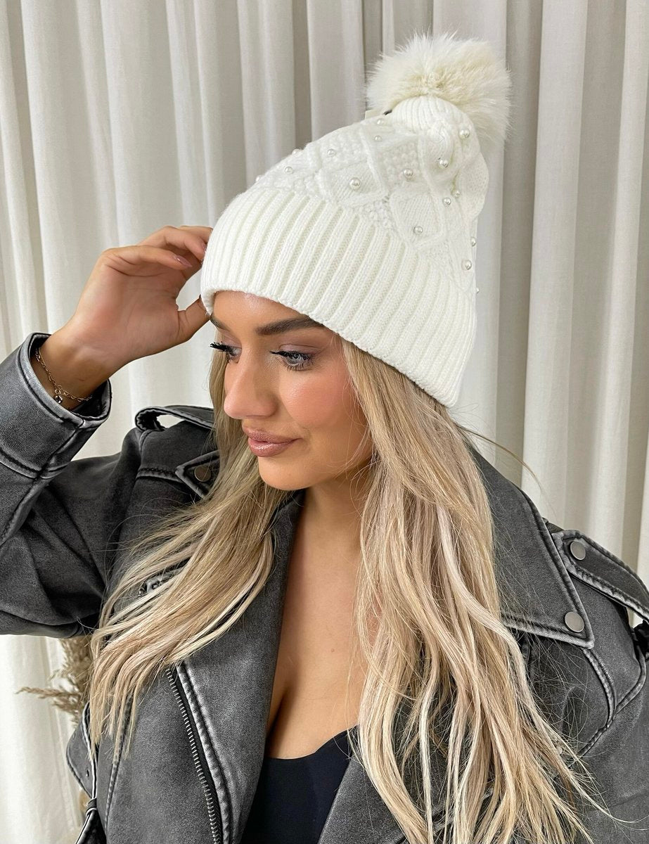 Pom Pom Knitted Winter Hat With Pearl Decor - She Wears Glory Beverly Hills
