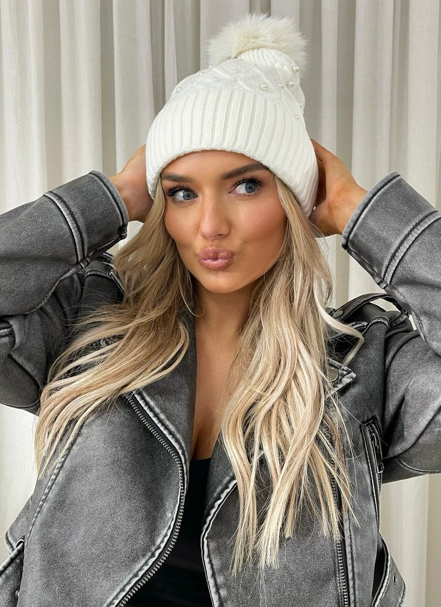 Pom Pom Knitted Winter Hat With Pearl Decor - She Wears Glory Beverly Hills