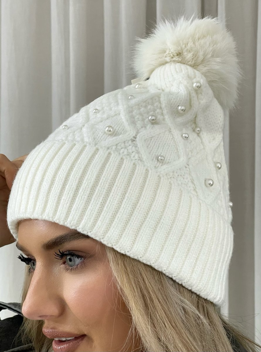 Pom Pom Knitted Winter Hat With Pearl Decor - She Wears Glory Beverly Hills