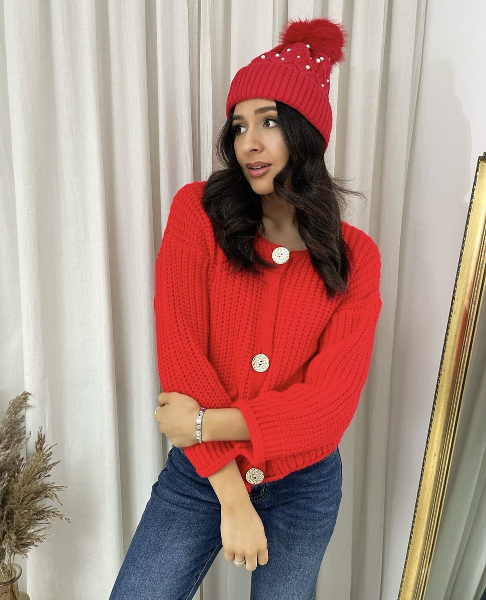 Pom Pom Knitted Winter Hat With Pearl Decor - She Wears Glory Beverly Hills