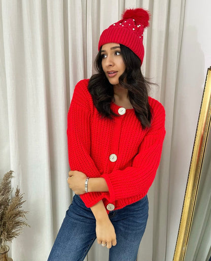 Pom Pom Knitted Winter Hat With Pearl Decor - She Wears Glory Beverly Hills