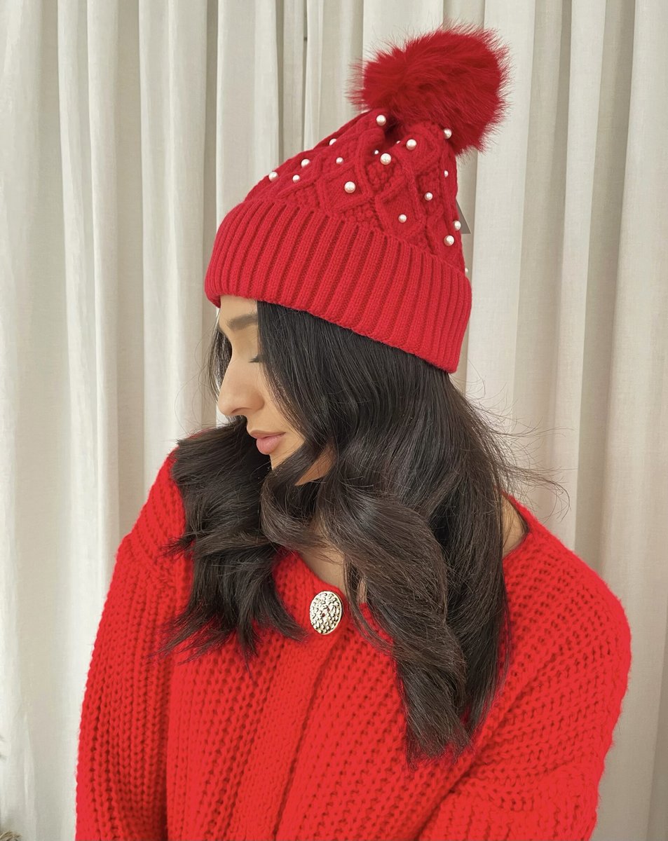 Pom Pom Knitted Winter Hat With Pearl Decor - She Wears Glory Beverly Hills