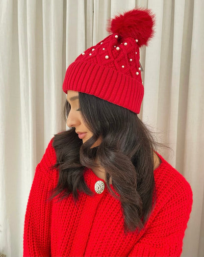 Pom Pom Knitted Winter Hat With Pearl Decor - She Wears Glory Beverly Hills