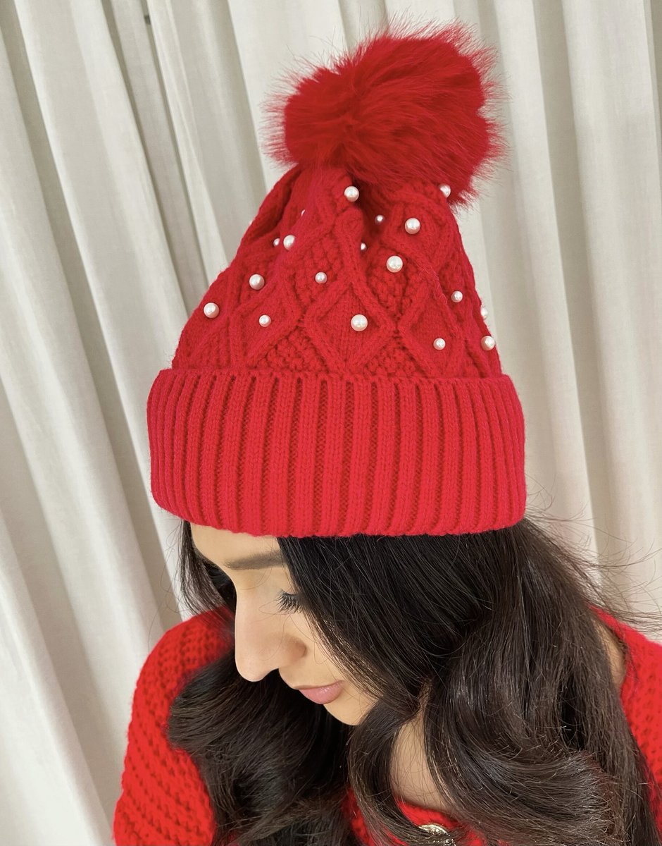 Pom Pom Knitted Winter Hat With Pearl Decor - She Wears Glory Beverly Hills
