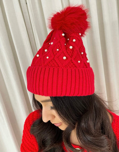Pom Pom Knitted Winter Hat With Pearl Decor - She Wears Glory Beverly Hills