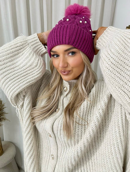Pom Pom Knitted Winter Hat With Pearl Decor - She Wears Glory Beverly Hills