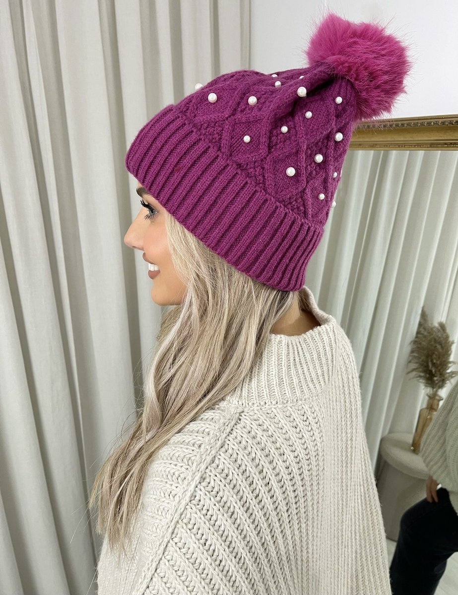 Pom Pom Knitted Winter Hat With Pearl Decor - She Wears Glory Beverly Hills