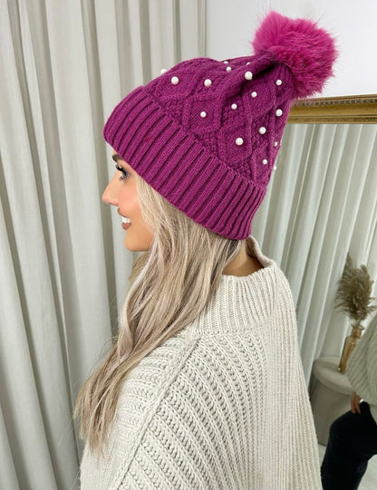 Pom Pom Knitted Winter Hat With Pearl Decor - She Wears Glory Beverly Hills
