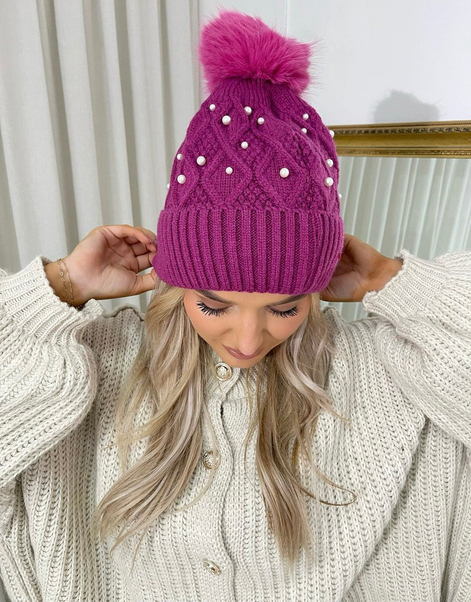 Pom Pom Knitted Winter Hat With Pearl Decor - She Wears Glory Beverly Hills