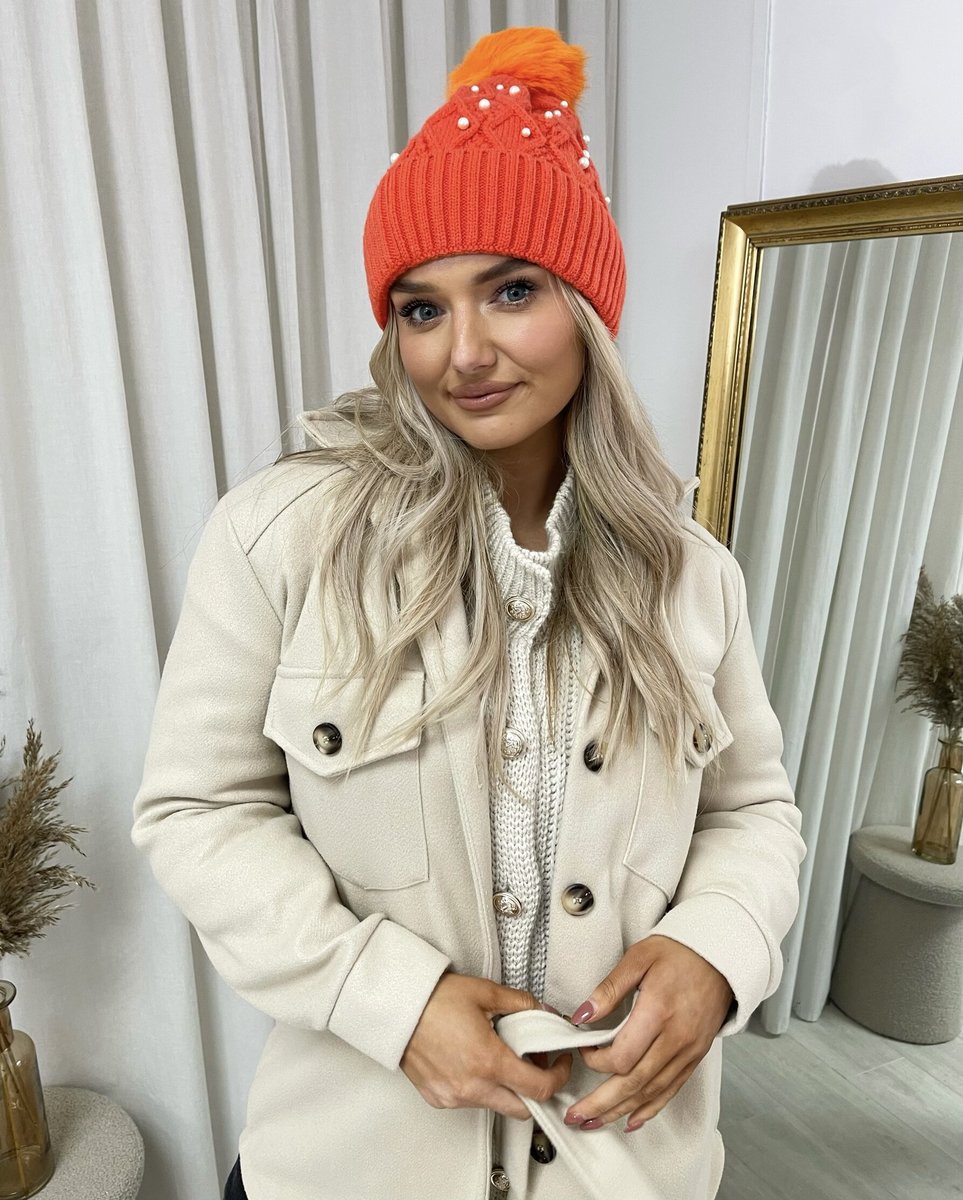 Pom Pom Knitted Winter Hat With Pearl Decor - She Wears Glory Beverly Hills