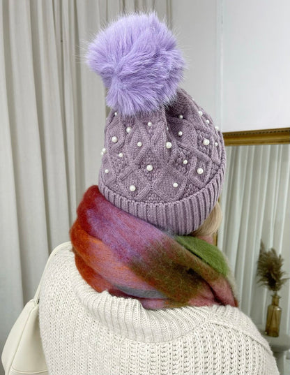 Pom Pom Knitted Winter Hat With Pearl Decor - She Wears Glory Beverly Hills