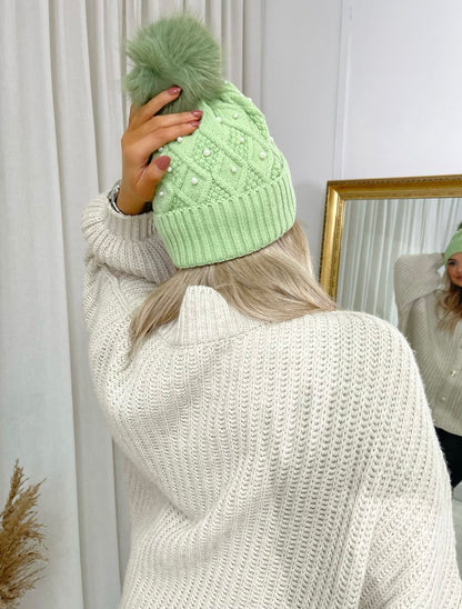 Pom Pom Knitted Winter Hat With Pearl Decor - She Wears Glory Beverly Hills
