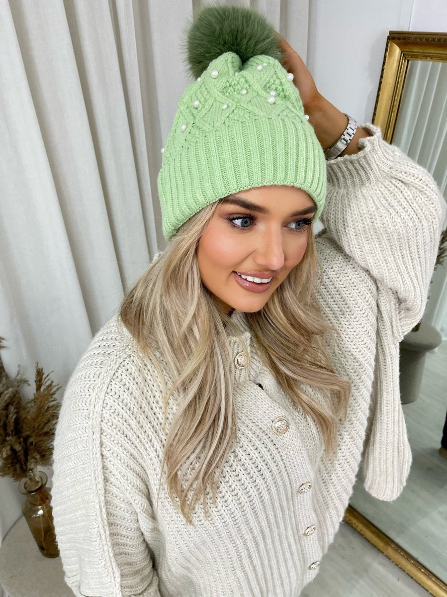 Pom Pom Knitted Winter Hat With Pearl Decor - She Wears Glory Beverly Hills